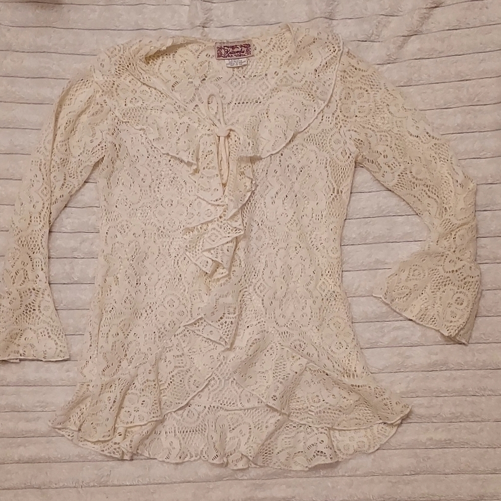 Vintage Bohemian Lace Ruffle Feont Tie Cartigan Paper Tag